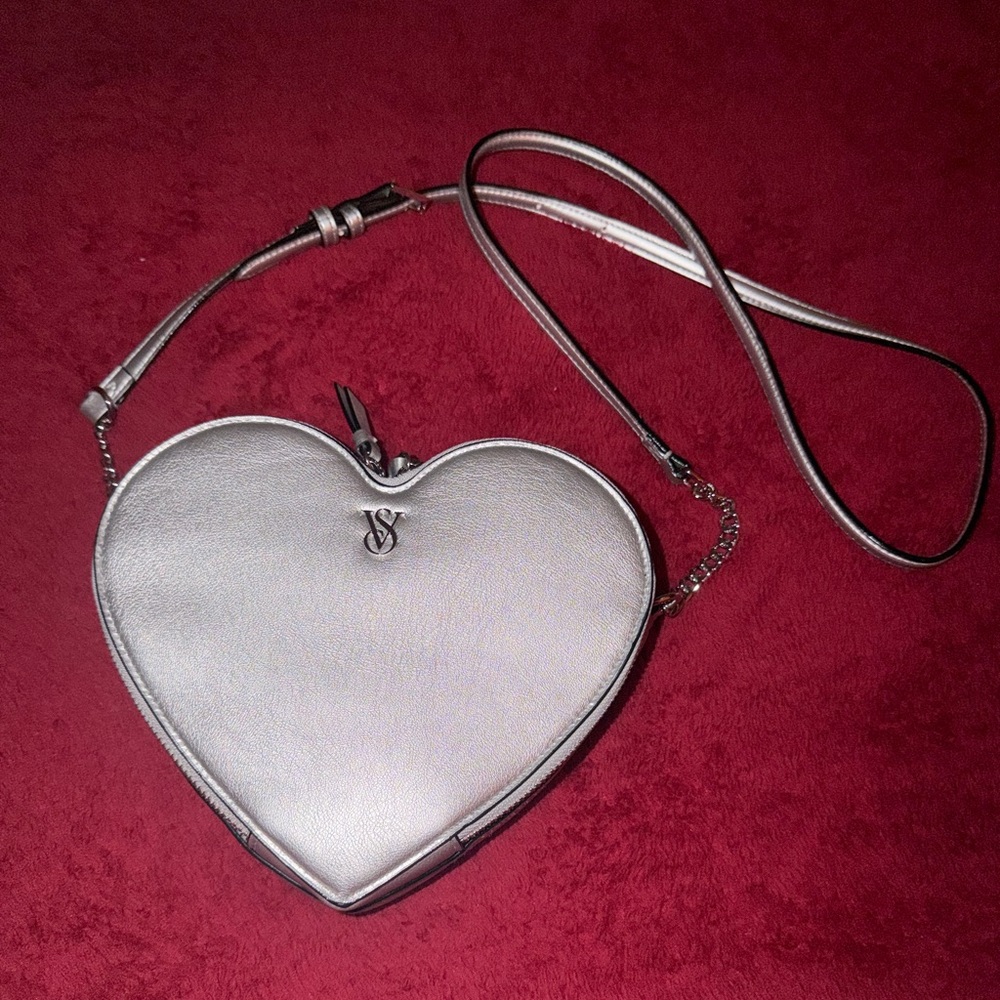 Victoria’s Secret Metallic Heart-Shaped Silver Crossbody Bag NWOT